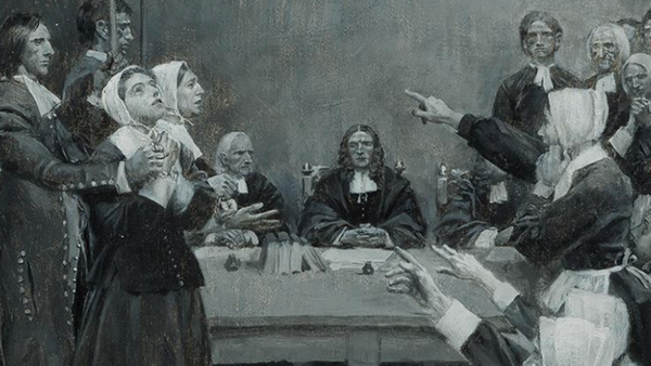 A painting depicting the Salem Witch Trial by Howard Pye, 1881.